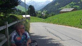 Climbing Grubenstrasse as we continue along Cycle Route 9 out of Gstaad, 10.2 miles into the ride